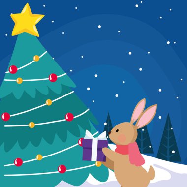 Güzel tavşanlı ve hediye kutulu Noel ağacı karlı bir gecede
