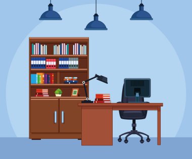 Masası ve kütüphanesi olan ofis manzarası, renkli tasarım