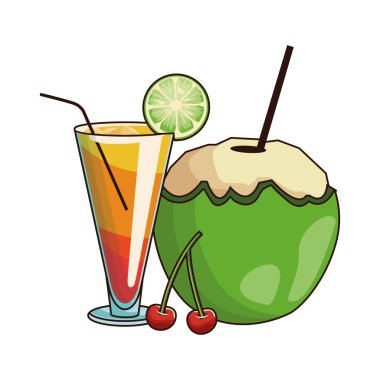 gündoğumu kokteyli ve hindistan cevizi içeceği, düz tasarım.