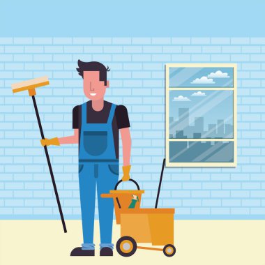 Süpürgeyle temizlikçi erkek işçi