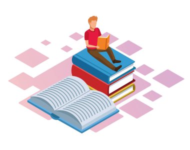 Adam kitap yığını üzerine kitap okuyor.