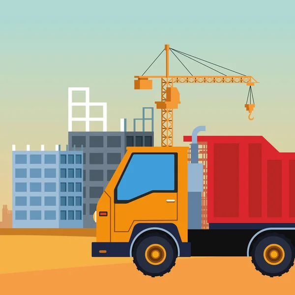 Stavební kamion v rámci výstavby scenérie pozadí, barevný design — Stockový vektor