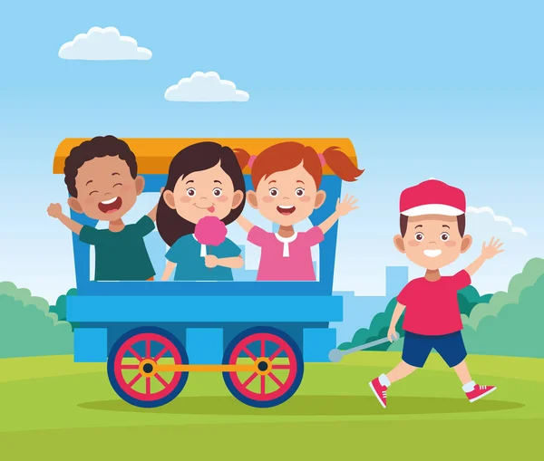 Diseño feliz día de los niños con vagón de tren con dibujos animados niños felices — Vector de stock