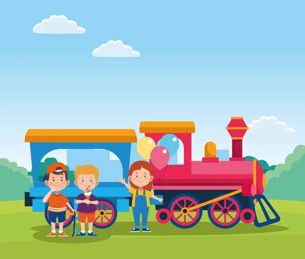 Cartoon happy kids and train with wagon — Stock Vector