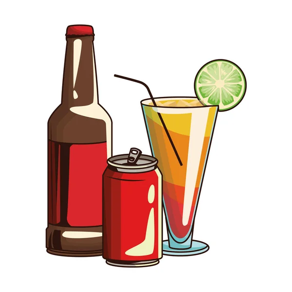 Bierfles met blikje frisdrank en zonsopgang cocktail icoon — Stockvector