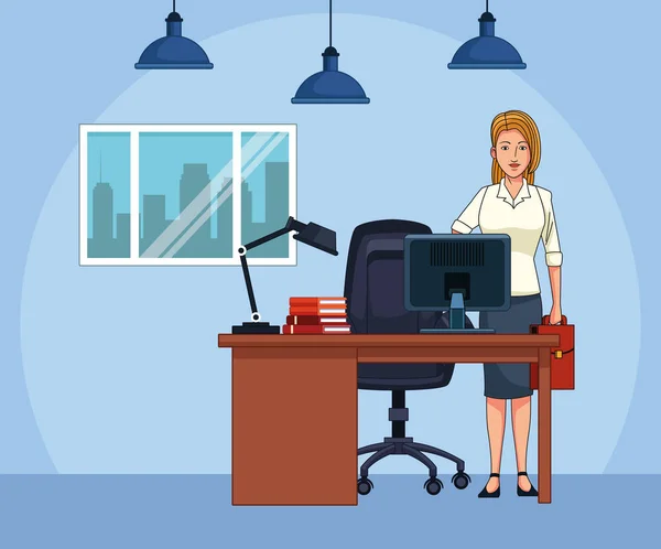 Tecknad affärskvinna på kontoret skrivbord — Stock vektor