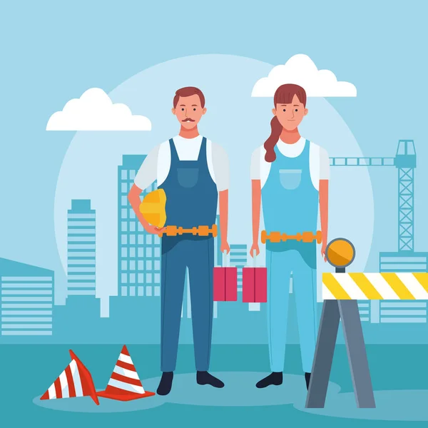 Repair man and woman with tools box over urban city buildings background — 스톡 벡터