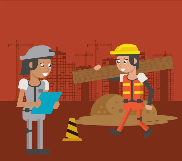 Пара строителей, работающих на строительной сцене — стоковый вектор