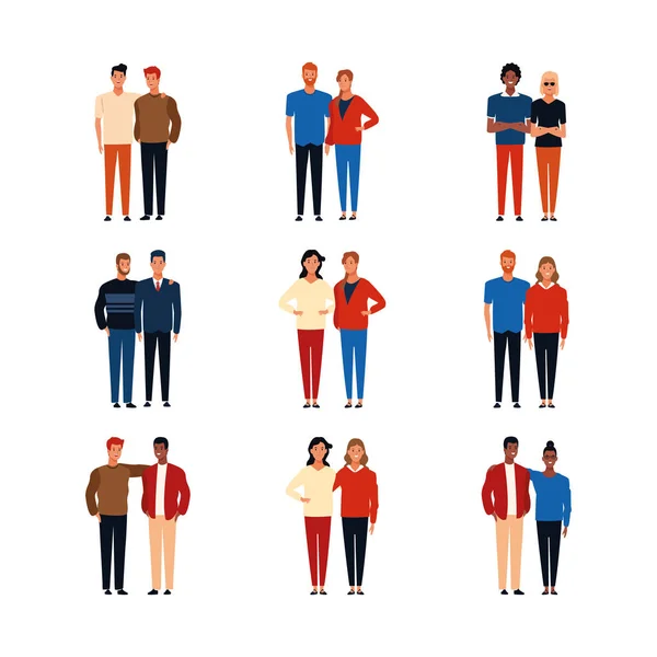 Icône ensemble de couple de personnes debout portant des vêtements décontractés, design coloré — Image vectorielle