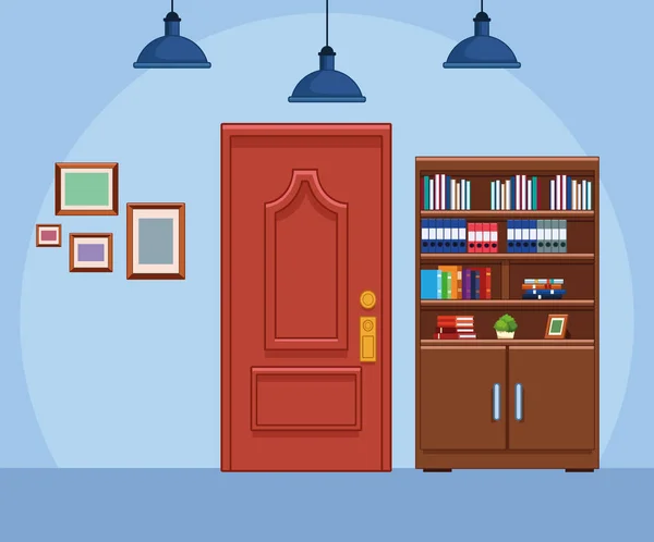 Office scenery with library and door, colorful design — 스톡 벡터