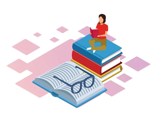 Diseño isométrico de la mujer sentada en la pila de libros y libro con gafas — Vector de stock