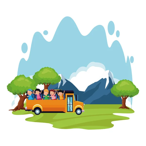 Glückliche Kinder im Schulbus am Wald, buntes Design — Stockvektor