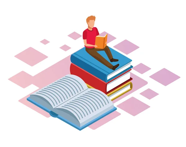 Hombre leyendo un libro sobre la pila de libros — Vector de stock