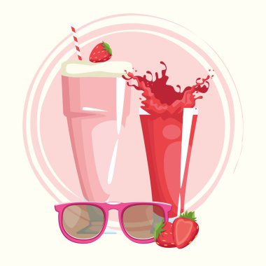 Güneş gözlüğü, çilekli milkshake ve meyve suyu.