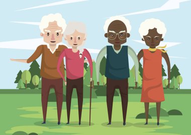 Tarlada ırklar arası büyükanne ve büyükbaba çiftleri var.