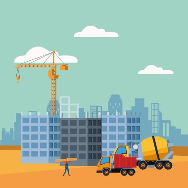 beton karıştırıcı ve çöp kamyonu inşaat sahnesinin altında.