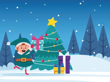 Hediye kutuları ve Noel ağacı ile Noel Baba yardımcısı, Mutlu Noeller tasarımı