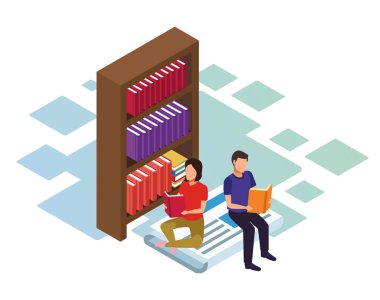 kitaplık ve çift okuma kitapları, renkli tasarım