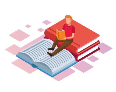 Büyük kitapların izometrik tasarımı ve kitap okuyan bir adam.