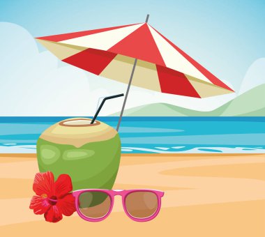 Şemsiyeli, hindistan cevizi içeceği ve güneş gözlüklü plaj manzarası.