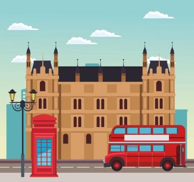 Bina, telefon kulübesi ve otobüs manzaralı Londra manzarası