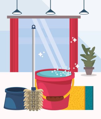 Oda, temizlik malzemeleriyle dolu.