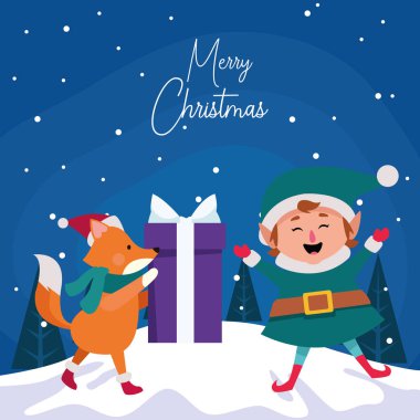 Noel elfi ve hediye kutulu tilki çizgi filmi.