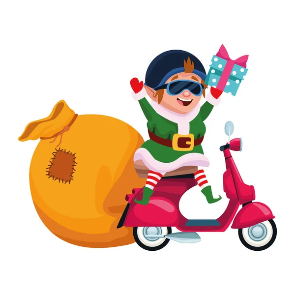 Elfe de Noël sur une moto avec le sac de cadeaux — Image vectorielle