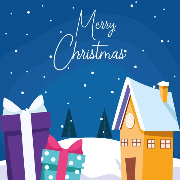 Joyeux Noël design avec maison et boîtes cadeaux — Image vectorielle