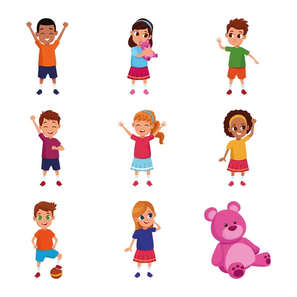 Dibujos animados feliz conjunto de iconos para niños, diseño colorido — Vector de stock