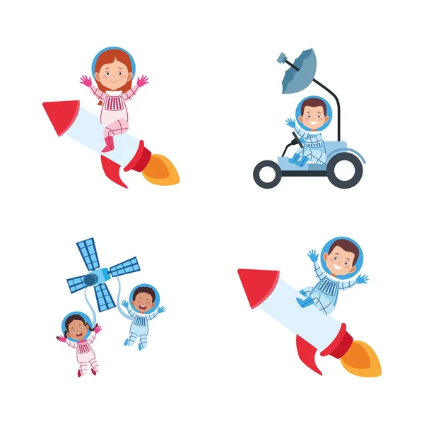 Ícone conjunto de astronautas desenhos animados em veículos espaciais, design colorido — Vetor de Stock