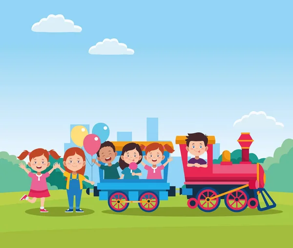 Diseño feliz día de los niños con tren con dibujos animados niños felices en los vagones — Vector de stock