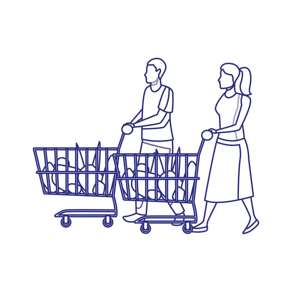 Аватар чоловік і жінка з візками супермаркетів, плоский дизайн — стоковий вектор