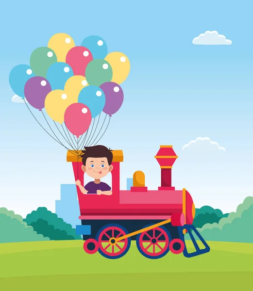 Dibujos animados niño feliz en un tren con globos de colores — Vector de stock