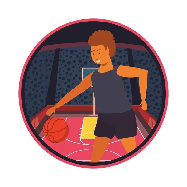 Joven atleta jugando baloncesto con globo — Vector de stock