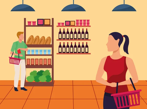Avatar mężczyzna i kobieta w alejce supermarketów — Wektor stockowy