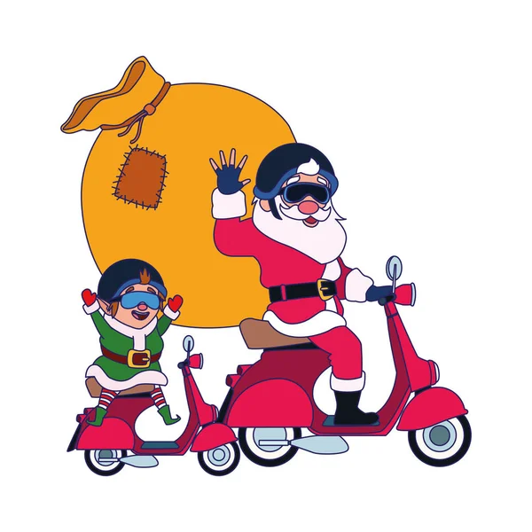 Père Noël claus et elfe de Noël sur une moto avec le sac de cadeaux — Image vectorielle