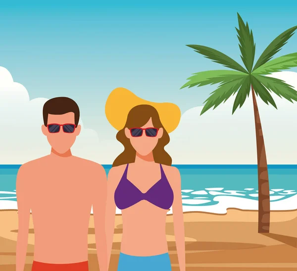 Coppia avatar con occhiali da sole in spiaggia — Vettoriale Stock
