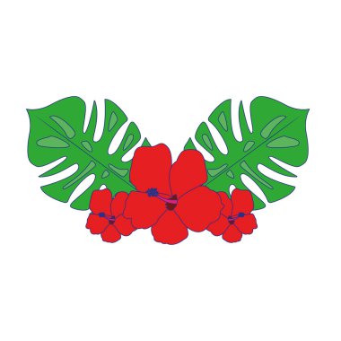 Tropik çiçekler ve yapraklar, renkli tasarım.