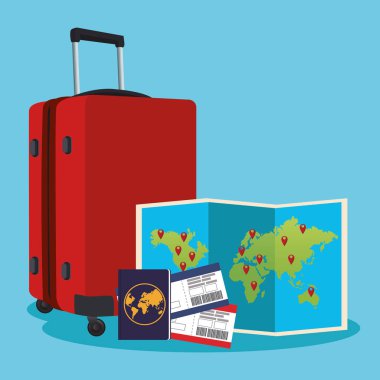 dünya haritası, pasaport ve pasaport ile seyahat çantası