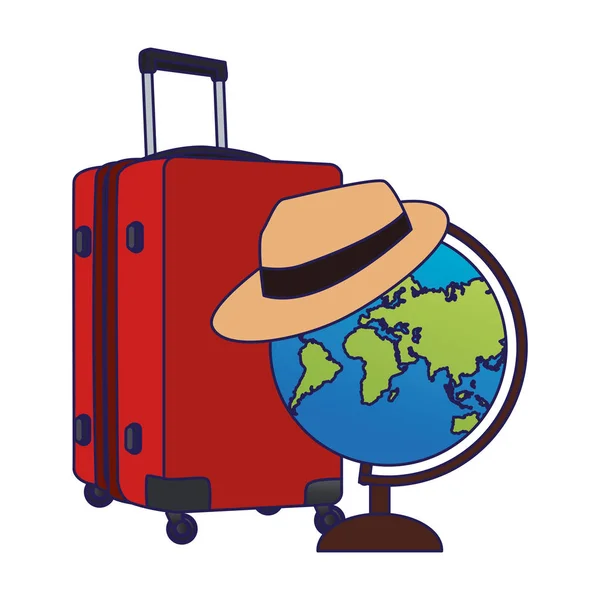 Globe avec chapeau et icône de bagages de voyage — Image vectorielle