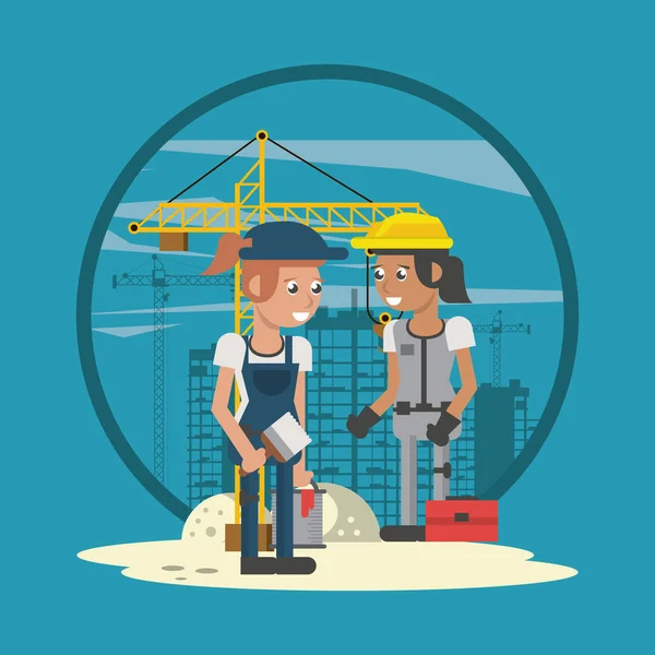 Mujeres constructoras trabajando en la escena de la construcción — Vector de stock