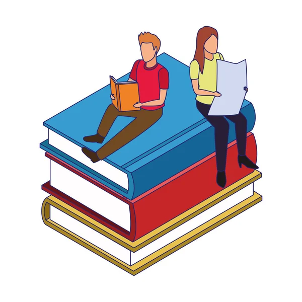 Stapel boeken met mensen die lezen — Stockvector