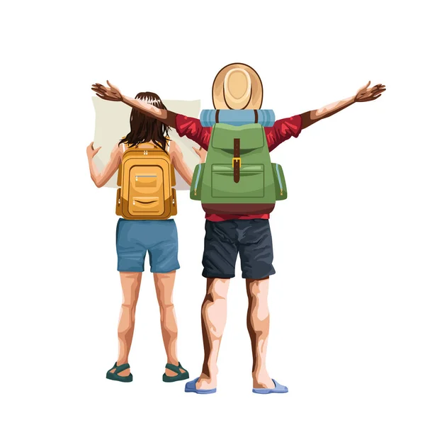 男人背着露营背包，女人背着地图和背包图标 — 图库矢量图片