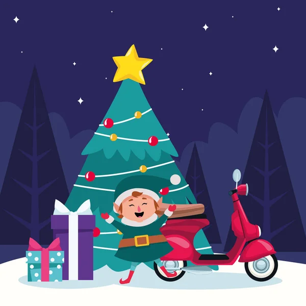 Arbre de Noël avec elfe, moto et cadeau bxoxes autour — Image vectorielle