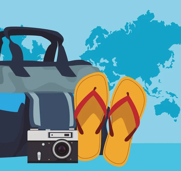 Borsa da viaggio con sandali e macchina fotografica — Vettoriale Stock