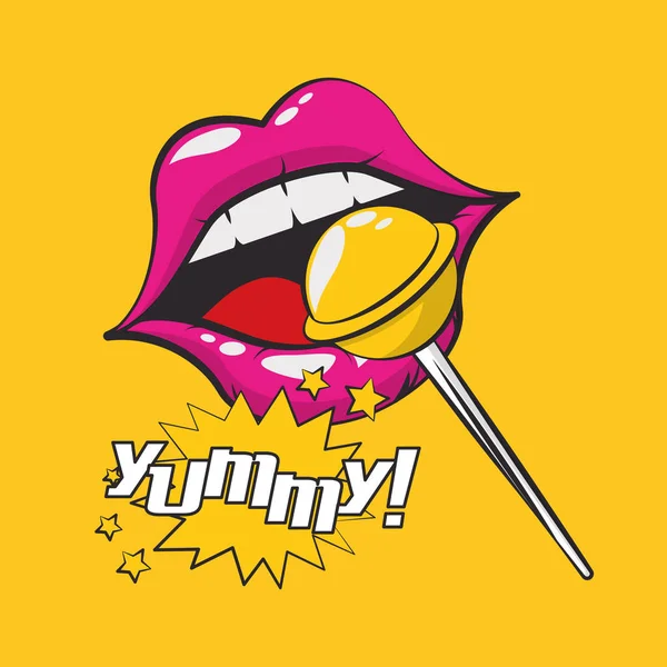 Estilo de arte pop cartel con boca femenina y piruleta — Vector de stock