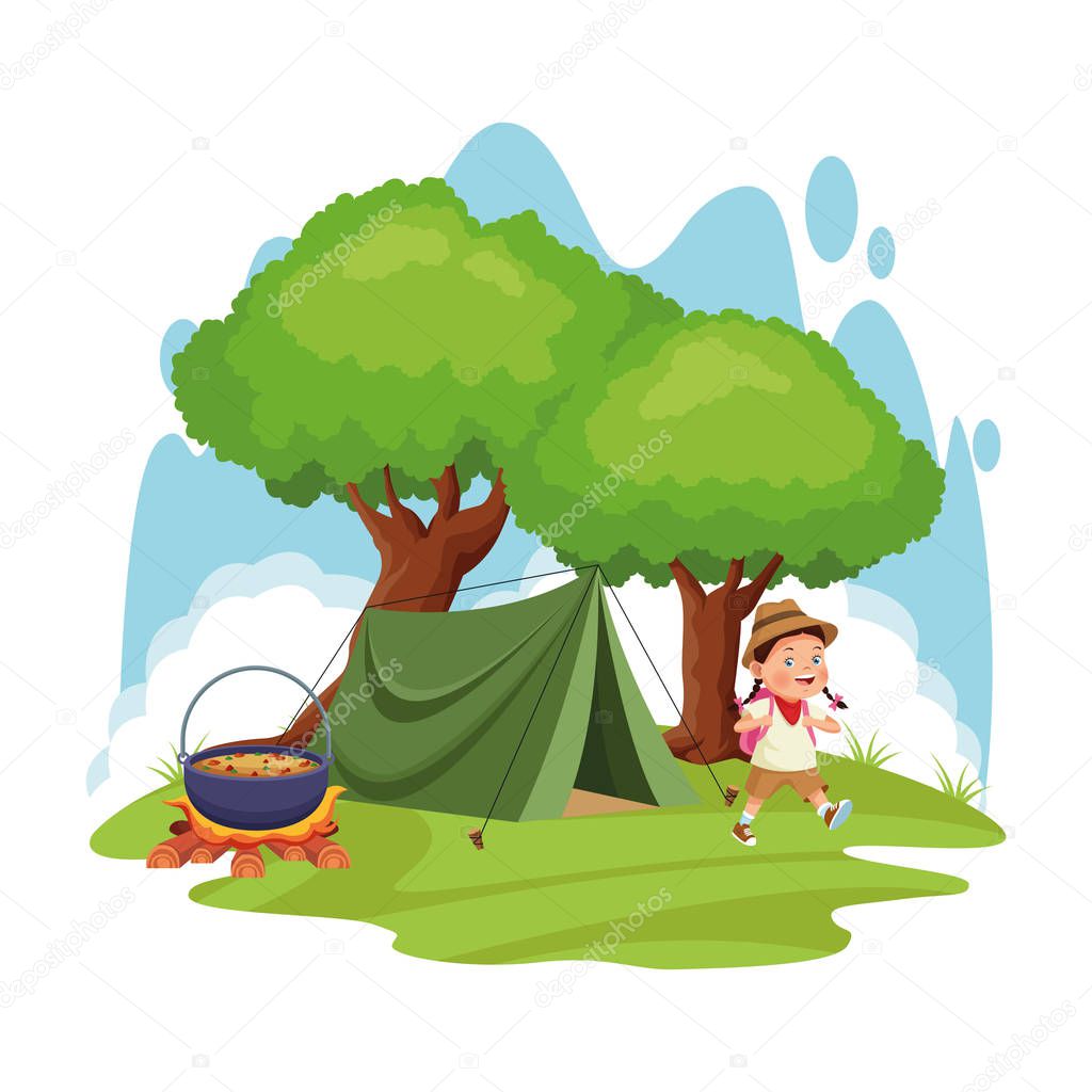cartoon explorer girl in a camp with tent and bonfire with pot