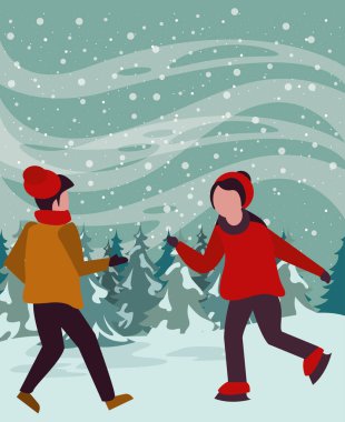 Çocukların buz pateni yaptığı Noel kar manzarası