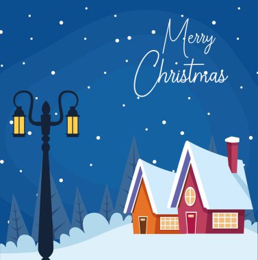 Kış senaryosu ile sokak lambası ve evleri ile mutlu noel tasarımı